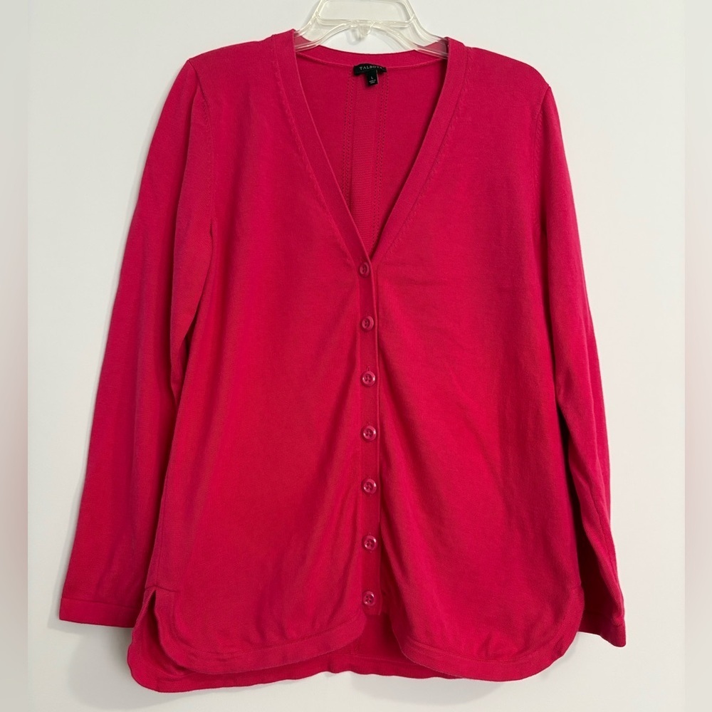 Talbots Womens Boyfriend Cardigan Sweater Fuchsia Pink Button-Up Large